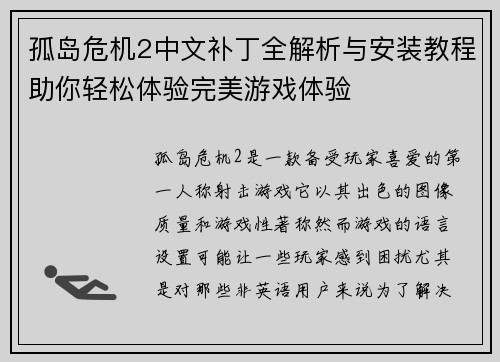 孤岛危机2中文补丁全解析与安装教程助你轻松体验完美游戏体验
